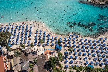 Fototapeta premium High angle view of Nissi beach in Ajia Napa resort in Cyprus island country