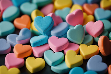 Fototapeta na wymiar Background of bright candy, cookies, cake hearts for Valentine's Day LOVE