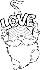 Outlined Cute Gnome Lover Cartoon Character Running With Text Love. Vector Hand Drawn Illustration Isolated On Transparent Background