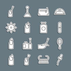 Set line Pipette with oil, Nail file, Cosmetic bag, manicure, False nails, and Tube of hand cream icon. Vector