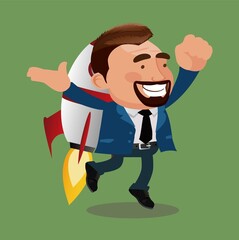 Businessman flying off with jet pack vector flat illustration