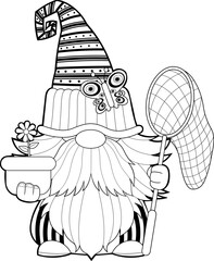 Outlined Cute Spring Gnome Cartoon Character With Flower Pot Holding A Butterfly Net. Vector Hand Drawn Illustration Isolated On Transparent Background