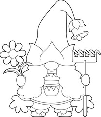 Outlined Cute Female Gnome Cartoon Character With Flower Holding A Garden Rake. Vector Hand Drawn Illustration Isolated On Transparent Background