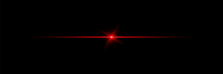 Red neon line, star burst. Light lines. Blurred lens light effect on black background.