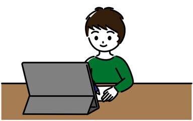 笑顔でタブレット学習をする小学生の男の子