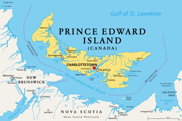 Prince Edward Island, Maritime and Atlantic province of Canada, political map. The Island, located in the Gulf of St. Lawrence, bordered to New Brunswick and Nova Scotia, with capital Charlottetown.