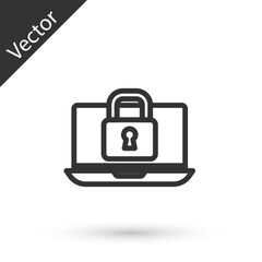 Grey line Laptop and lock icon isolated on white background. Computer and padlock. Security, safety, protection concept. Safe internetwork. Vector