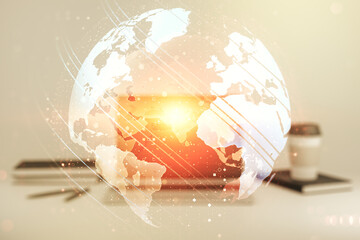 Double exposure of abstract digital world map on computer background, big data and blockchain concept