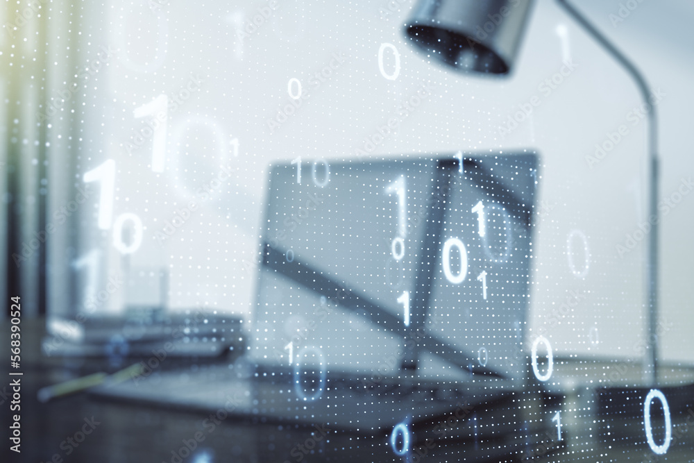 Leinwandbilder Creative concept of binary code illustration on modern laptop background. Big data and coding concept. Multiexposure