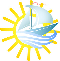 Yacht with sails and yellow sun. Design for sea cruise
