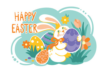 Cute bunny hunt of chocolate eggs. Easter holidays, traditional games. Greeting card. Vector illustration.