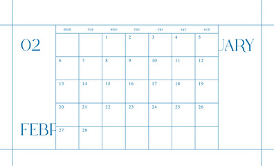 February 2023 simple design digital and printable calendar template illustration. Notes, scheduler, diary, calendar, memo, planner document template background. 