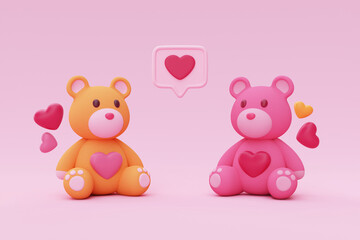 3d Cute teddy bear with heart-shape balloons isolated on pink background. Element decor for Valentine's Day, Mother's Day or birthday. 3d rendering.