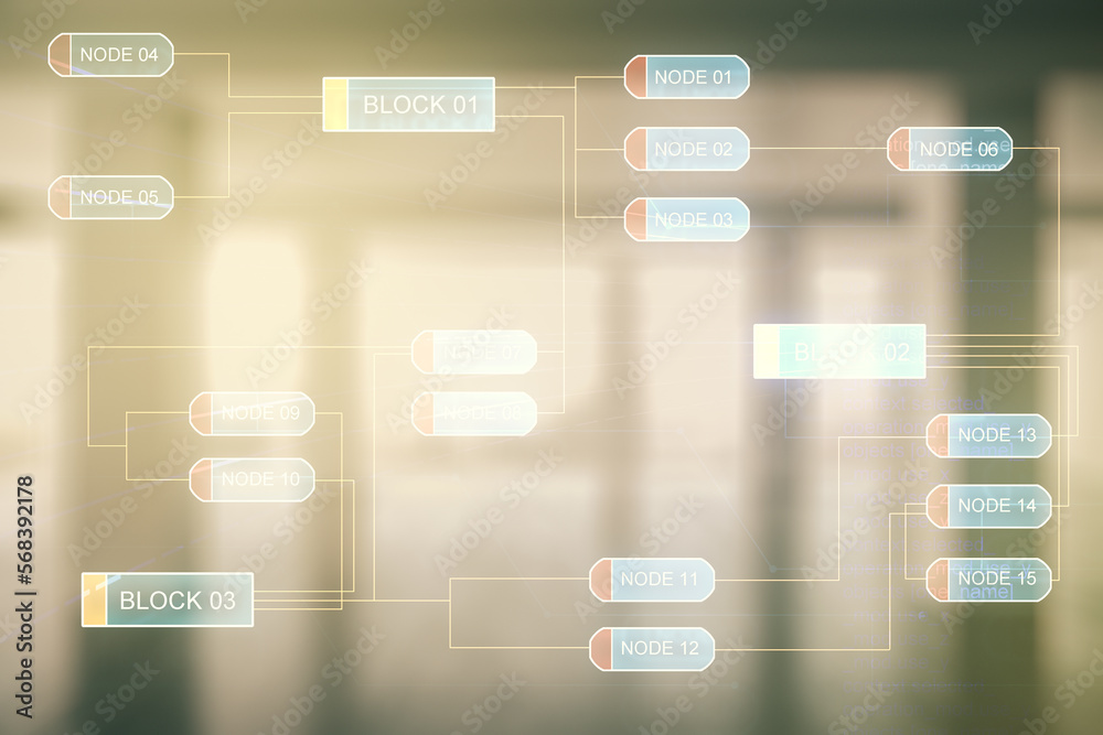 Aufkleber Double exposure of abstract creative programming illustration on empty room interior background, big data and blockchain concept