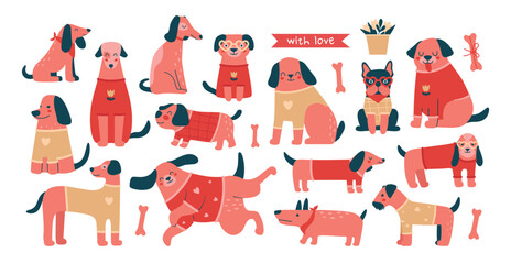 Fototapeta premium Big collection illustrations of cute pink dogs in sweaters. Set of different flat cartoon characters of dogs and puppies. Vector isolated prints for card, merch, stickers, banners and backgrounds.