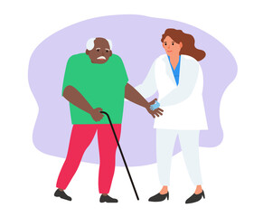 woman medical worker nurse helping african american senior man vector illustration