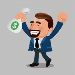 Happy rich businessman character hold fan of money 