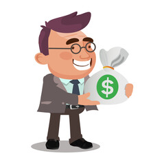 Happy rich businessman character hold fan of money 