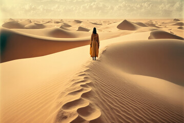 Woman walking alone in the desert, rear view, footprints on the sand dunes. AI generative