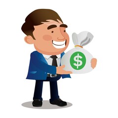 Happy rich businessman character hold fan of money 