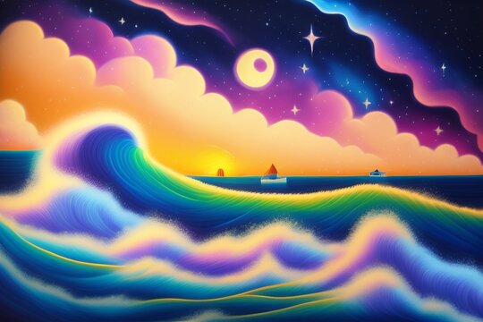 
a drawing of a dreamlike landscape of an ocean, and stars in a night sky, in the style of adventure time. Generative Ai concept