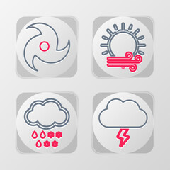 Set line Storm, Cloud with snow and rain, Wind sun and Tornado icon. Vector