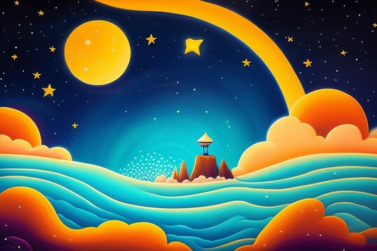 
a drawing of a dreamlike landscape of an ocean, and stars in a night sky, in the style of adventure time. Generative Ai concept