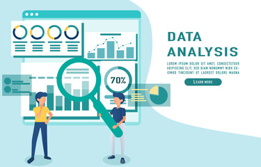 Data AnalysisTwo businessmen are using magnifying glass to analyze business data. To make informed and profitable decisions for the company. Vector illustration eps10.