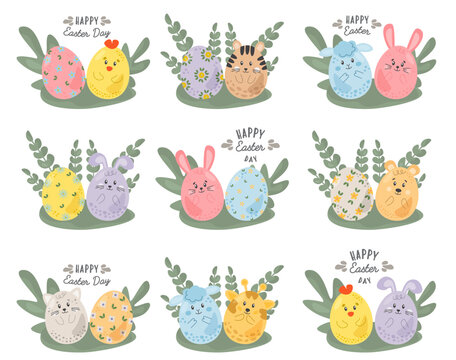 Happy Easter. Cute compositions with eggs, bunnies, rabbits, flowers for decoration design, spring and easter greeting cards and invitations. Easter lettering and hand drawn elements.