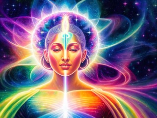 Synthwave illustration of person doing yoga. Made with Generative AI.