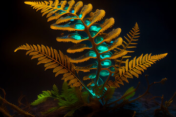A fern with bioluminescent fungi. Generative AI