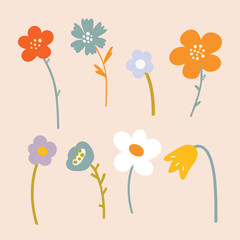 Vector set of colorful abstract flowers on a light background.