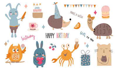 Set vector cute animals and various small objects,fruits,cake,cake. Applicable Happy Birthday,Valentine's Day.