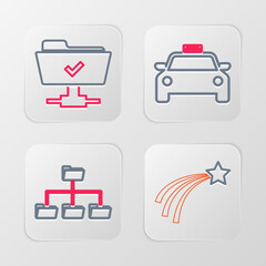 Set line Falling star, Folder tree, Taxi car and FTP operation successful icon. Vector