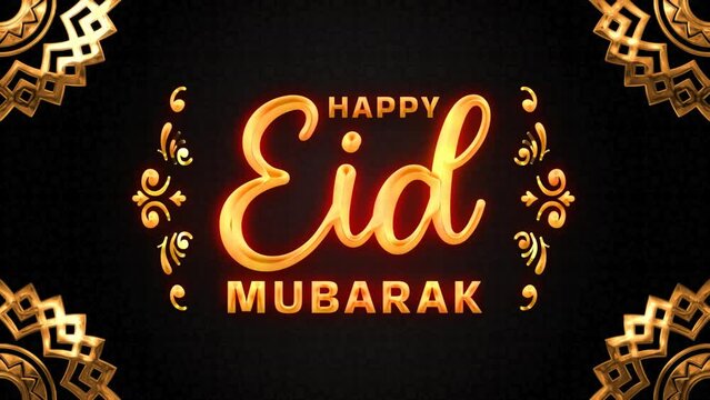 happy eid mubarak text animation in gold color with flare effect on black background. ied mubarak greeting card. 4k video.