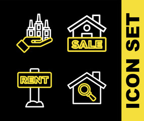 Set line Hanging sign with Sale, Search house, Rent and Skyscraper icon. Vector