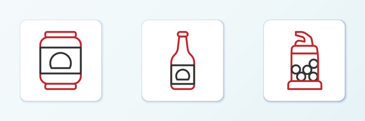 Set line Bottle opener, Beer can and bottle icon. Vector