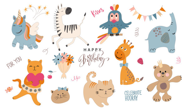 Cute vector animals,applicable for birthday cards,banners,invitations.Vector illustration.