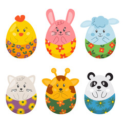 Set of cute colorful Easter eggs isolated on white background. Easter symbol bunny, rabbit, chicken, cat, lamb, decorative vector elements. Collection of colored eggs for posters, cards of print.