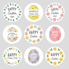 Obraz premium Easter badges and labels vector design elements set. Stickers Easter templates and objects, eggs, flowers. Happy Easter typography messages. Easter lettering floral frames and hand drawn elements.