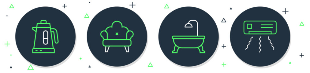 Set line Sofa, Bathtub, Electric kettle and Air conditioner icon. Vector