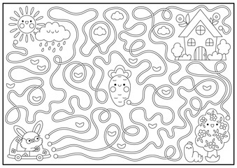Easter black and white maze for kids. Spring holiday preschool printable activity with kawaii car with bunny, country house. Garden labyrinth game, puzzle or coloring page with cute characters.
