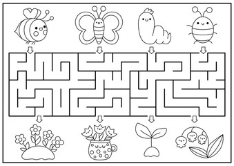 Spring black and white maze for kids. Garden geometrical preschool printable activity with kawaii insects, flowers. Easter holiday labyrinth game or coloring page with cute bumblebee.