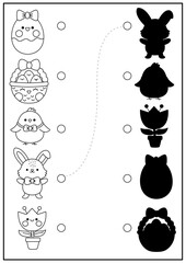 Easter black and white shadow matching activity with cute kawaii holiday symbols. Spring shape recognition puzzle. Find correct silhouette printable worksheet. Garden coloring page.