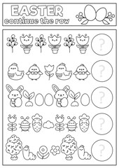 What comes next. Easter black and white matching activity for preschool children with holiday symbols. Funny kawaii puzzle. Spring logical worksheet. Continue the row coloring page.