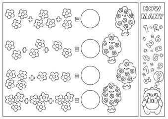 Spring black and white matching game with cute kawaii blossoming trees. Garden math activity for kids. Educational printable Easter counting worksheet or coloring page with cartoon flowers.