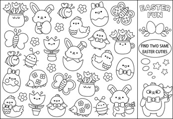 Find two same kawaii cuties. Easter black and white matching activity for children. Spring holiday line quiz or coloring page for kids. Simple printable game with egg, animals, flowers.