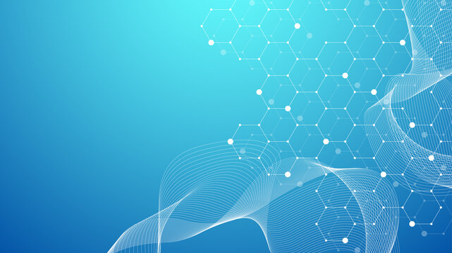 Abstract medical background DNA research, molecule, genetics, genome, DNA chain. Genetic analysis art concept with hexagons, lines, dots. Biotechnology network concept molecule, illustration