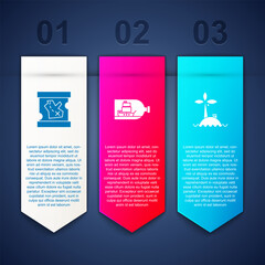 Set Pirate treasure map, Bottle with ship inside and Tropical island ocean. Business infographic template. Vector