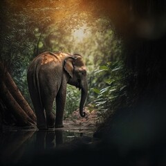 Fototapeta premium Elefant in seinem natürlichen Lebensraum, moody, Wildtier Portrait, magisches Bokeh erstellt durch generative AI 
